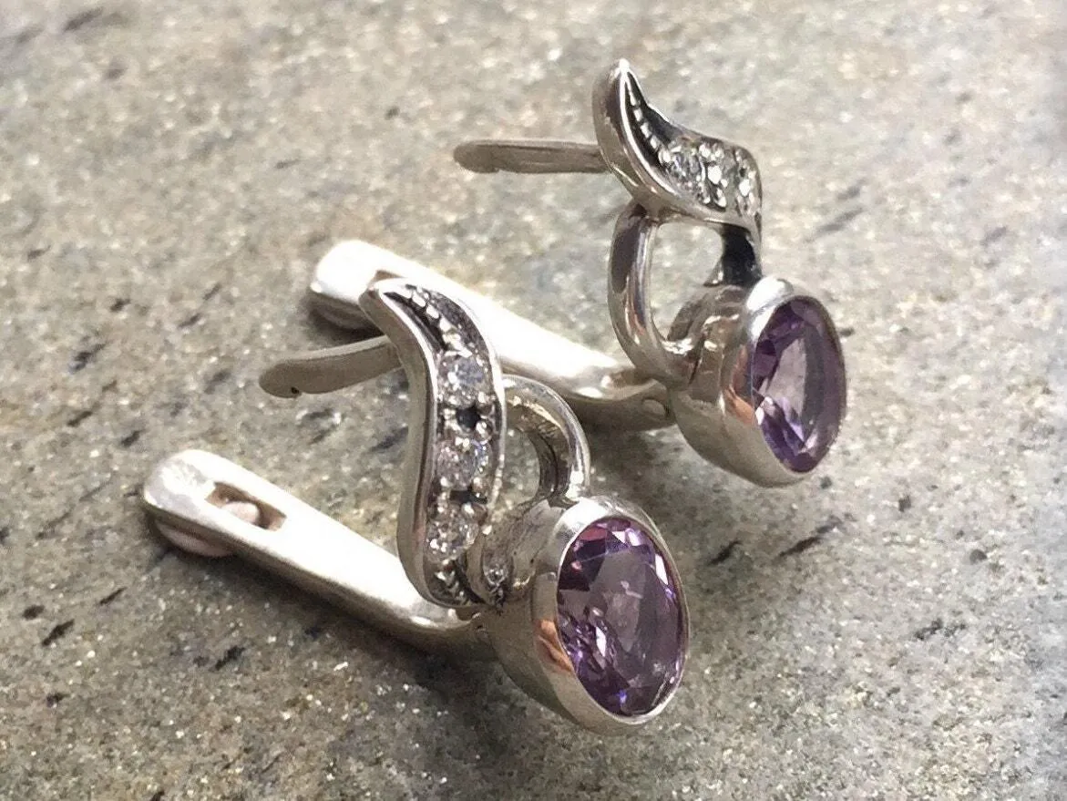 Amethyst Vintage Earrings - Natural Amethyst Earrings - Purple Gemstone Earrings