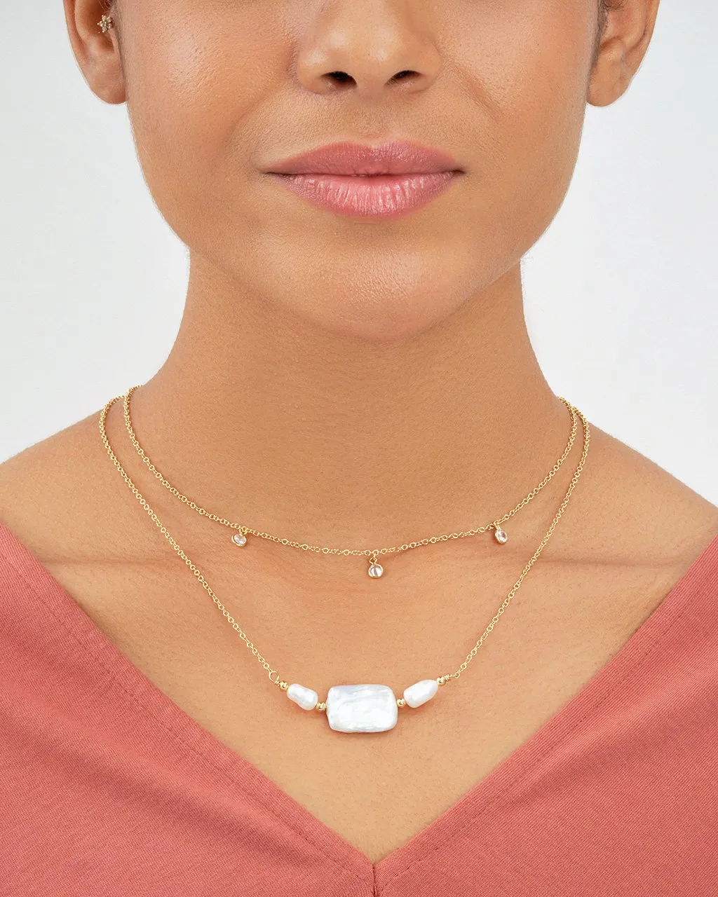 Bezel CZ and Pearl Layered Necklace