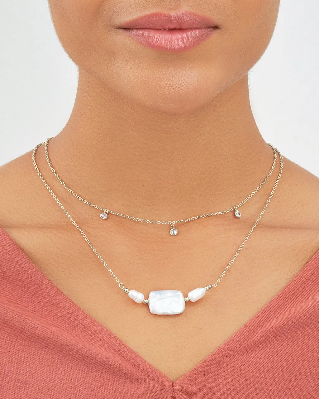 Bezel CZ and Pearl Layered Necklace